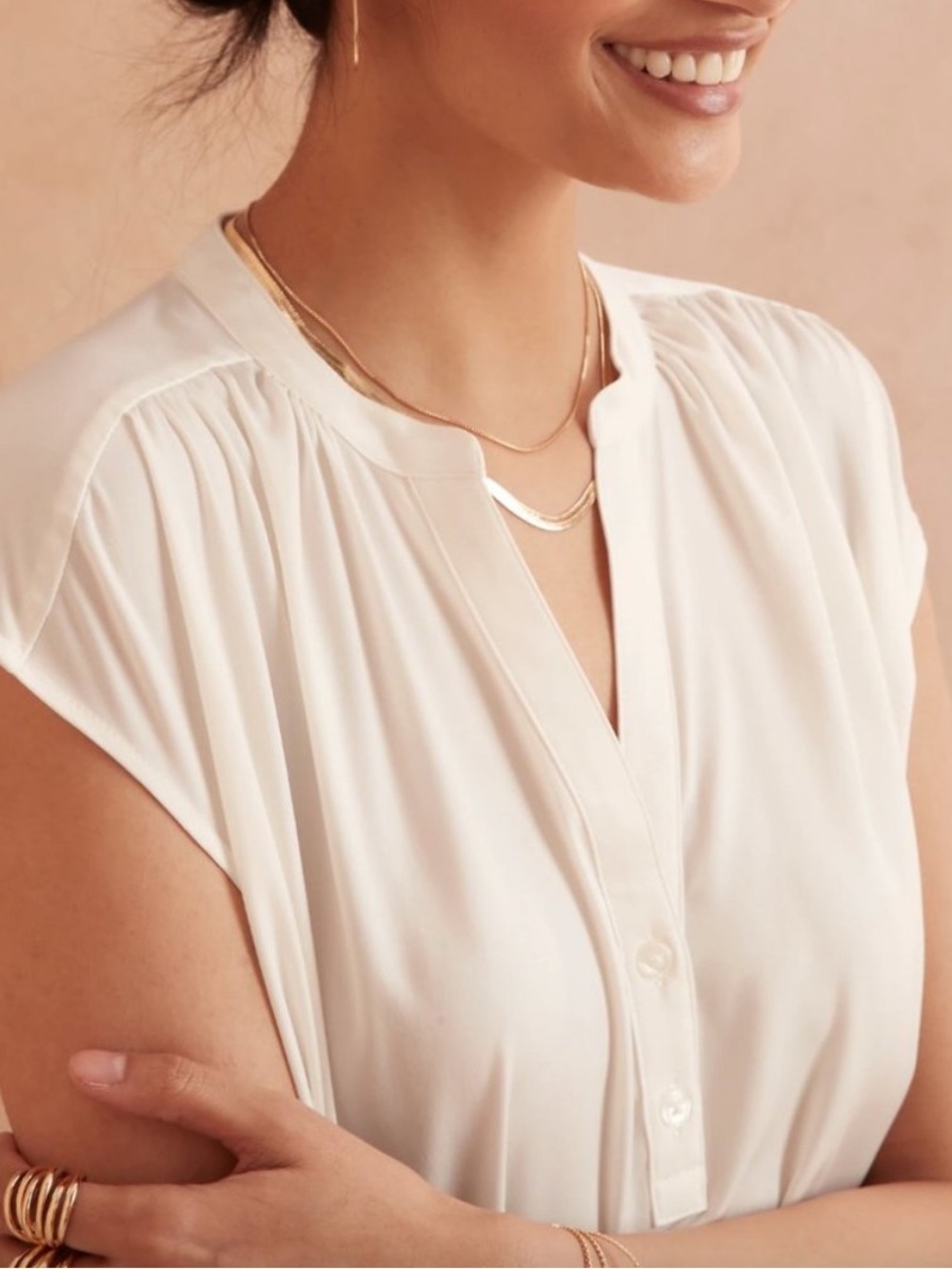 Banana Republic Cream Button-Front Cap-Sleeve Blouse Petite S